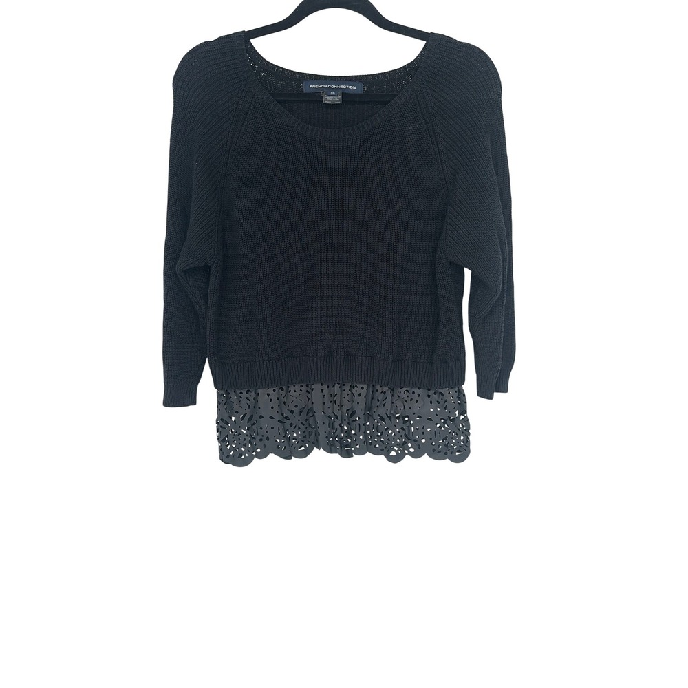 French Connection Black Sweater XS Pullover Knit Crochet Trim Elegant‎